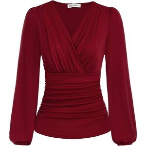 Grace Karin Wrap Blouse Size Medium Wine Red V Neck Long Sleeve Ruched Top